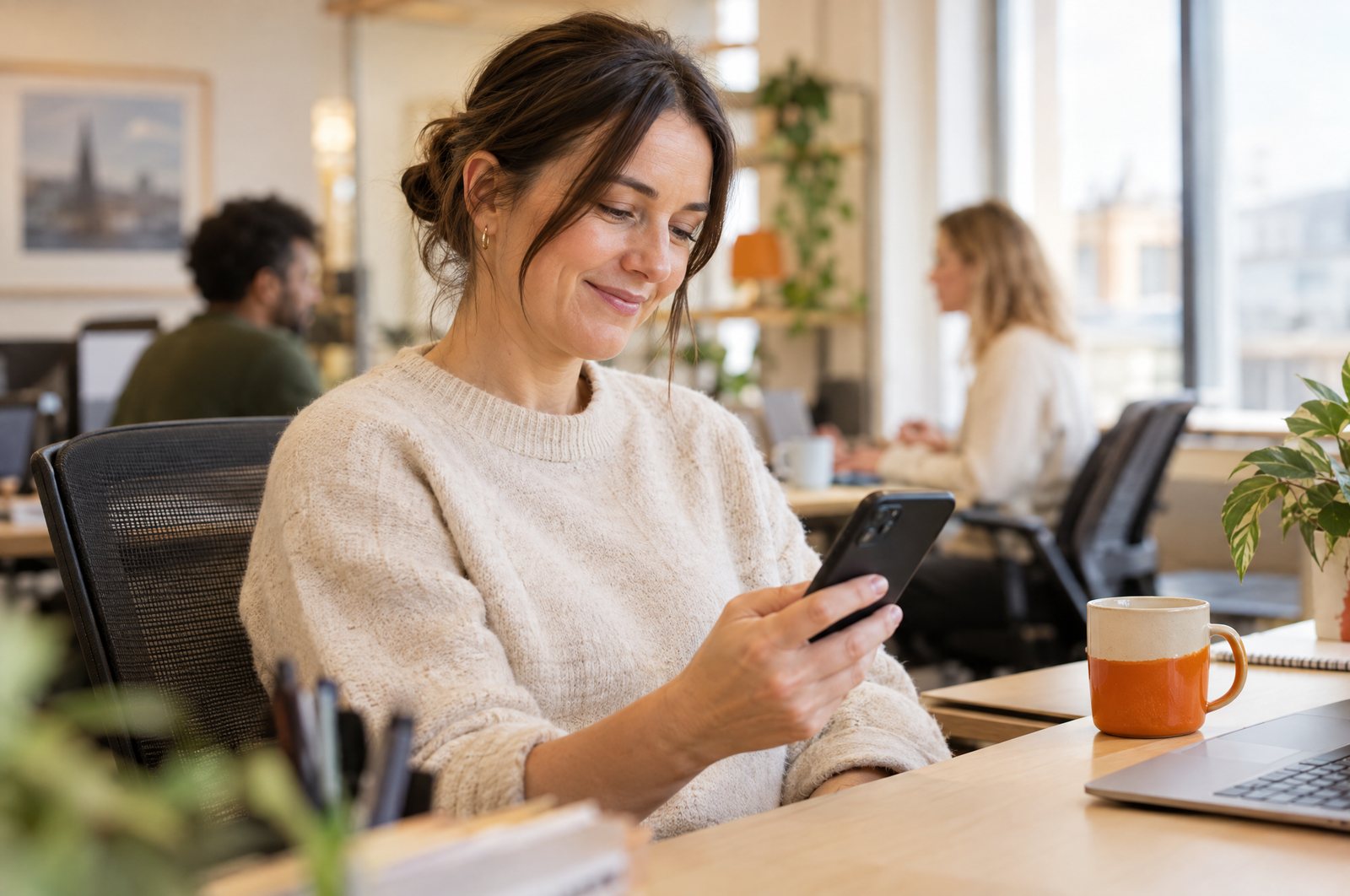 Employee at her desk confirming a monthly charity donation on her phone
