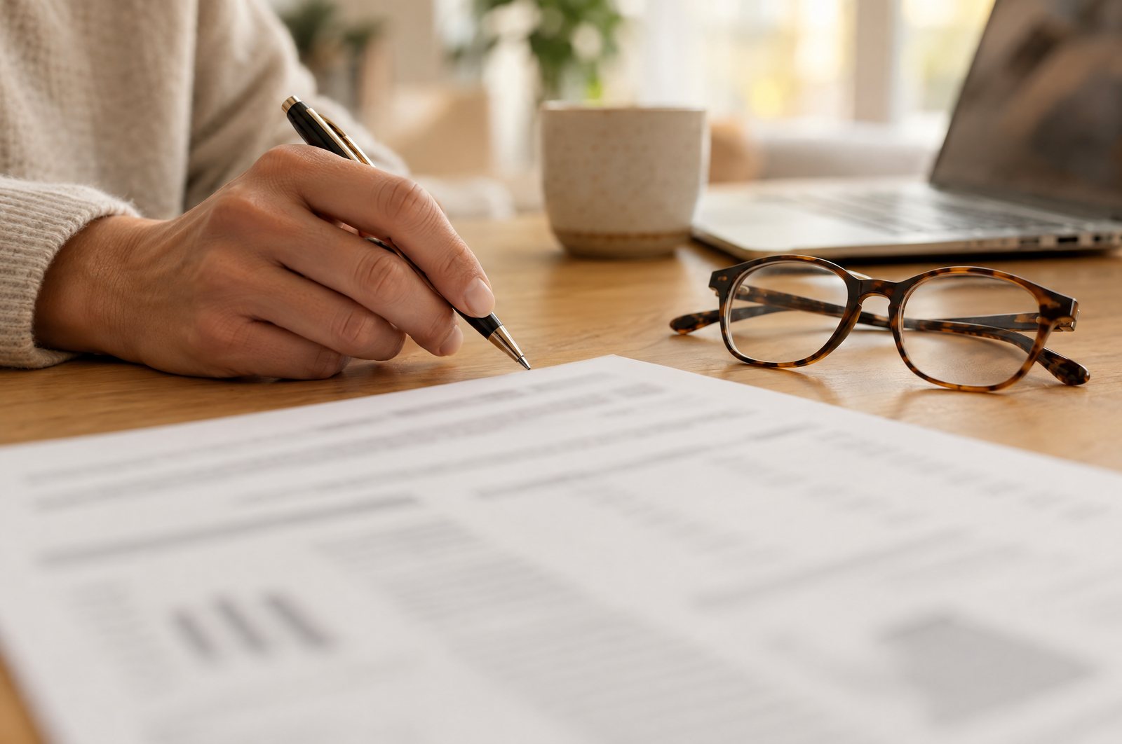 A hand with a pen checking a charity's printed financial report