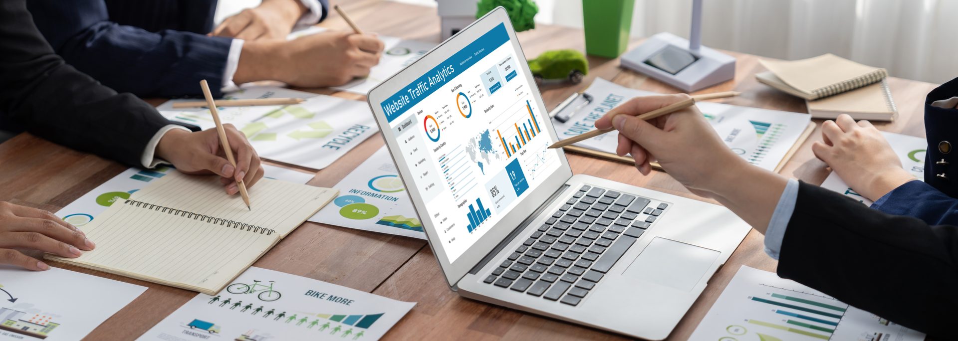 An analytics dashboard showing performance data on screen