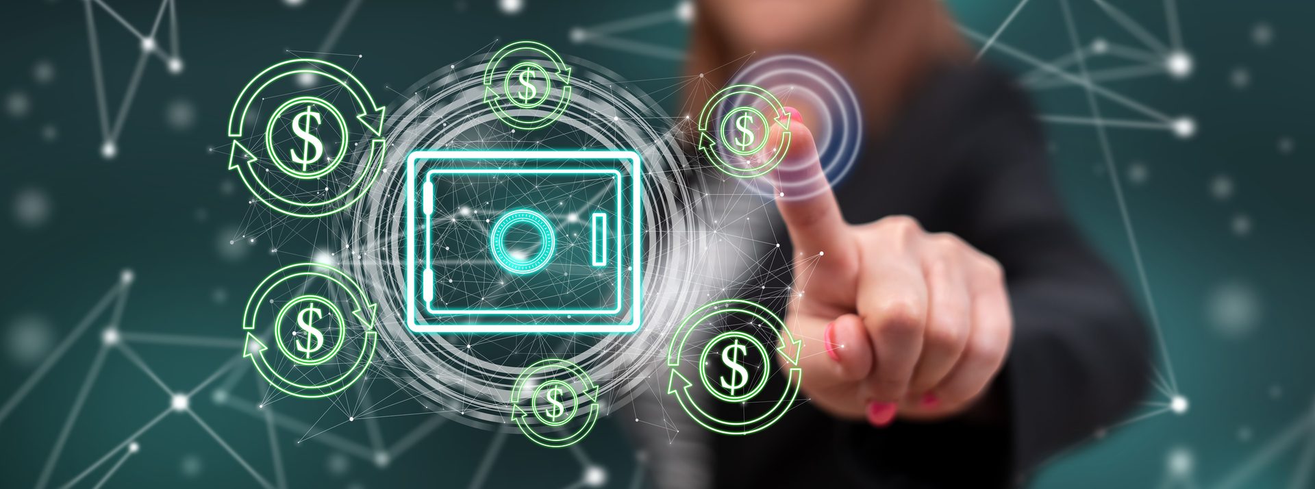 A woman confirming a secure money transfer on screen