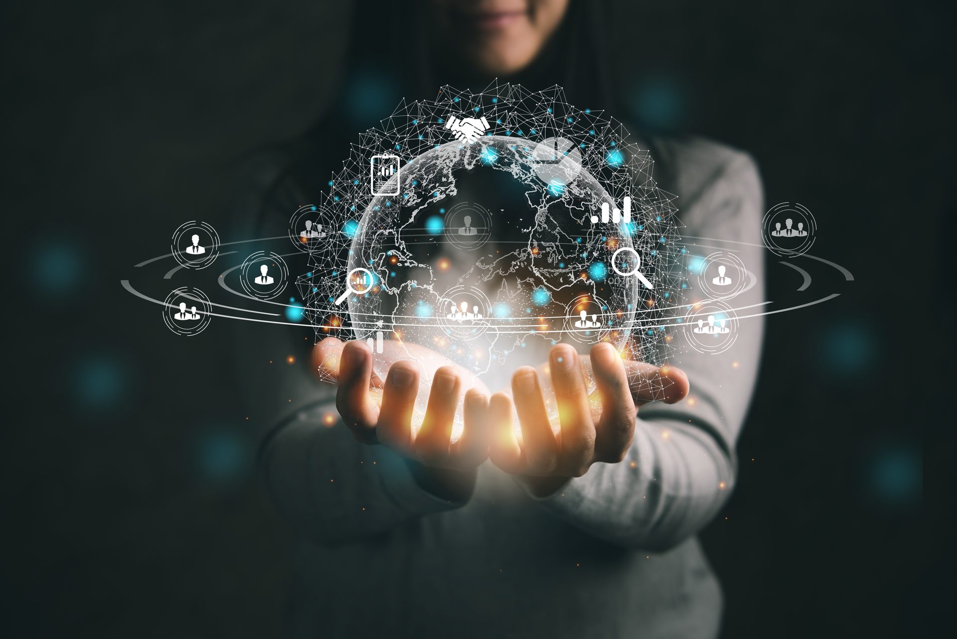 A businesswoman interacting with a global network visualisation