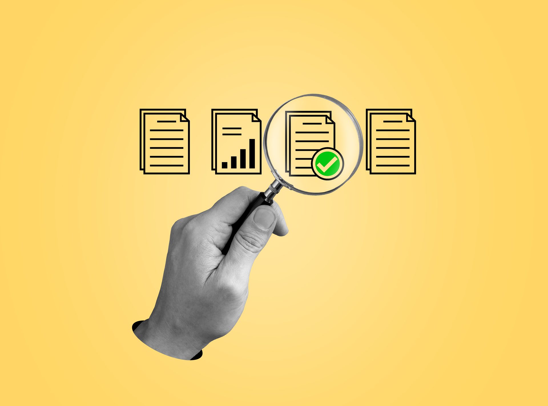 A magnifying glass held over a set of documents